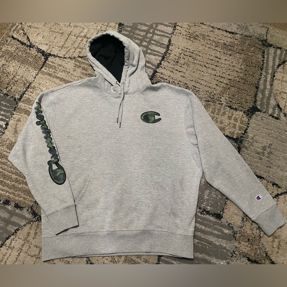 Champion Light Gray Hoodie with Camo Details